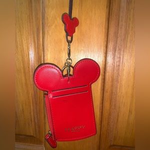 Travel neck pouch Red Mickey Mouse card ID holder Lanyard “Happy Dream” leather